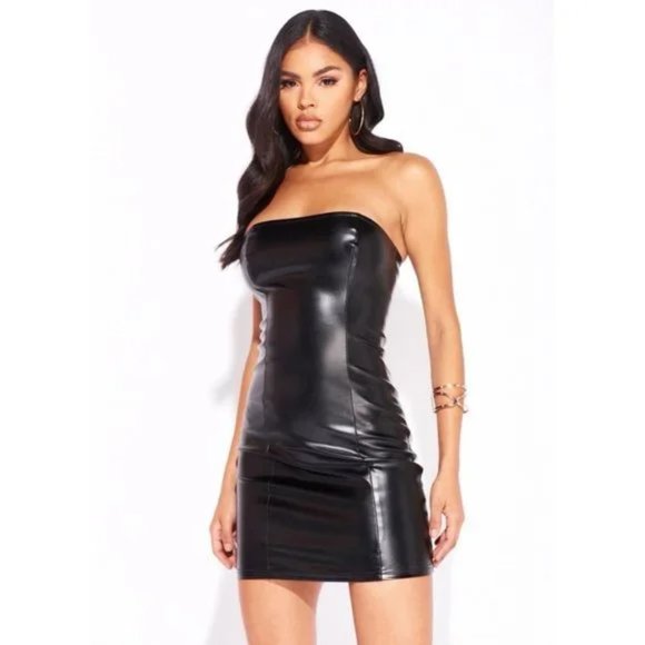 Dresses & Skirts - Black Faux Leather Vegan Leather Strapless Bodycon Mini Dress